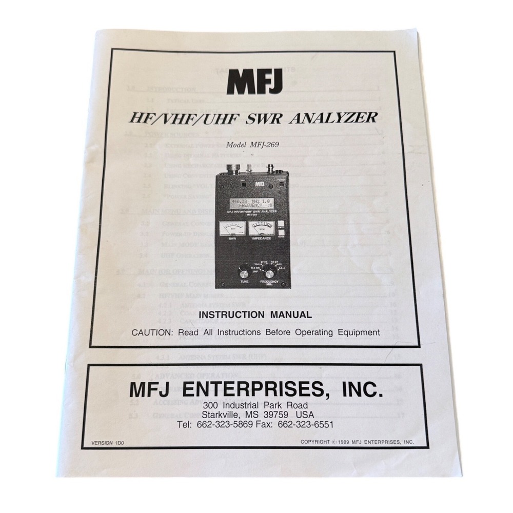MFJ-269 HF VHF UHF SWR Analyzer Instruction Manual Version 1D0 Vintage 1999 Ham